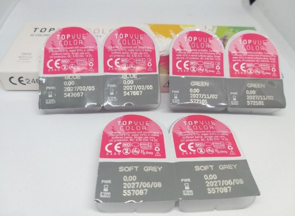 Цветни зелени сини  и сиви ,еднодневни контактни лещи TopVUE COLOR
Без