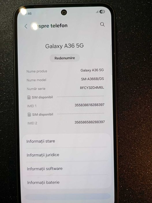 Telefon SAMSUNG Galaxy A36 5G, 128GB, 6GB RAM, Dual SIM, Awesome Black