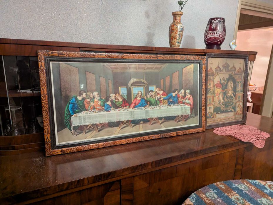 Tablou vechi „Cina cea de Taină” – rama sculptata, piesă deosebită,