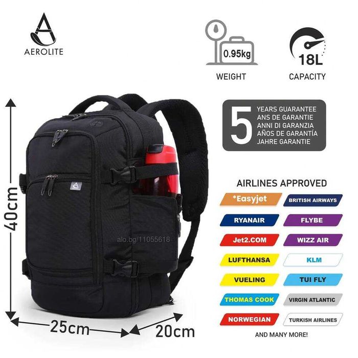 Aerolite раница/чанта/кабинен багаж 40x20x25cm одобрена от всички аеролинии с USB порт за зареждане