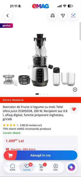 Storcator de fructe si legume cu melc Tefal Ultra Juice ZC605D38