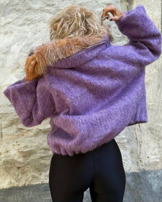 Djofra уникално дамско палто естествена косъм лисица и вълна Л размер