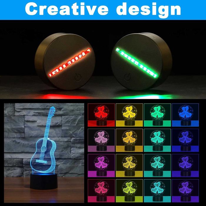 3D LED нощна лампа с основа: LED основа с дистанционно управление и USB кабел, 3D илюзорна лампа