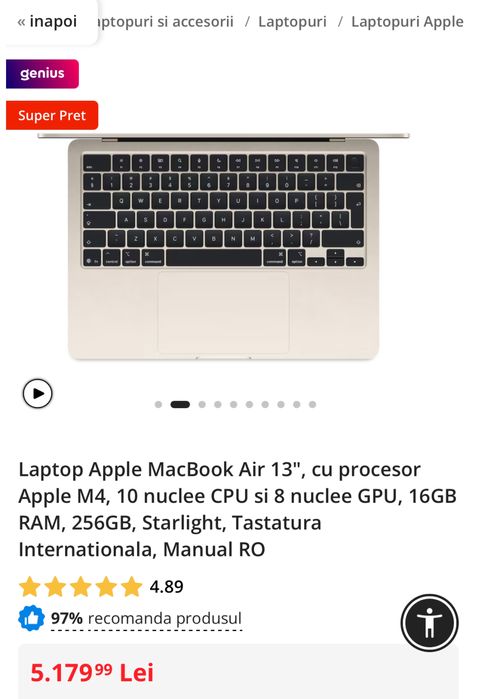 Macbook air 13” M4, 256gb, starlight, sky blue, sigilat,transport ZERO