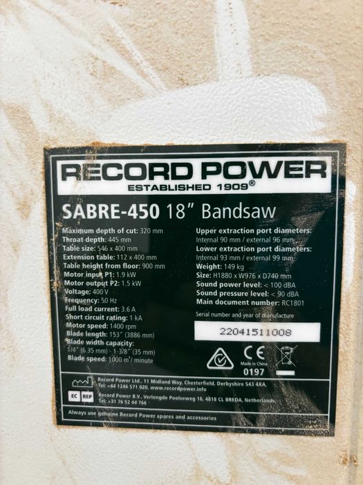 Продавам Професионален Банциг Record Power SABRE-450 18" (380V)