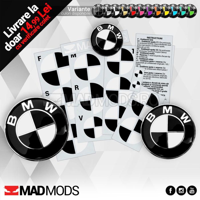 Set Stickere Embleme Negru cu Alb BMW Seria 1 2 3 4 5 6 7 8 X i M