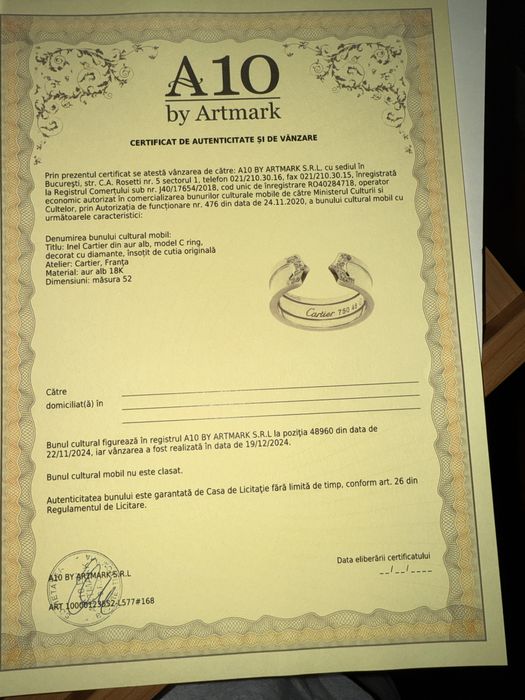 Inel Cartier, model C ring, aur alb decorat cu diamante, doc just