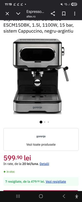 Espressor cafea GORENJE ESCM15DBK, 1.5l, 1100W, 15 bar, sistem Cappuccino, negru-argintiu nou, sigilat