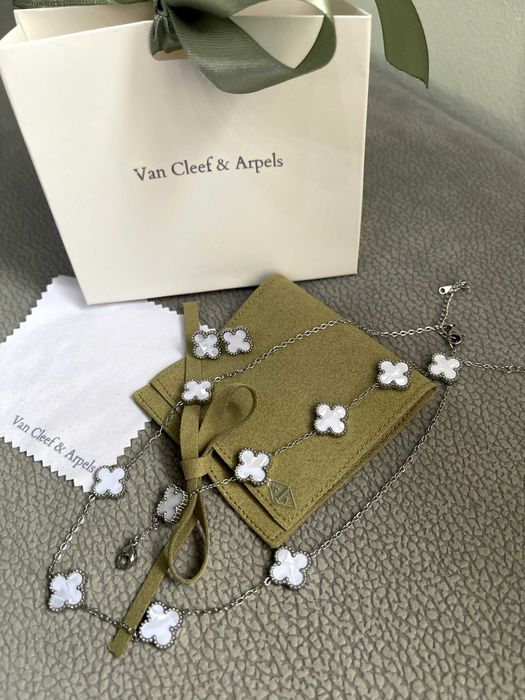 van cleef сребърен сет обеци колие гривна детелина седеф седефен камък