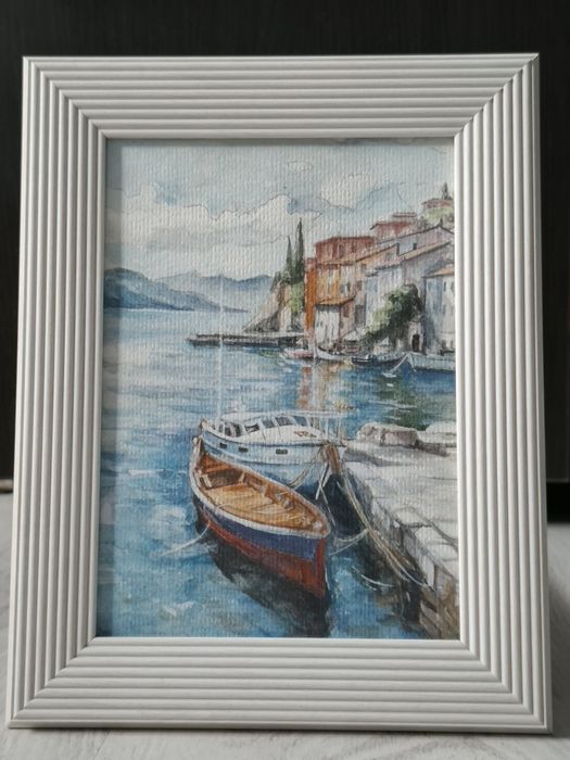Tablou Acuarelă - Peisaj Mediteranean - Port Veneția/Coasta de Azur - Ramă Albă Modernă