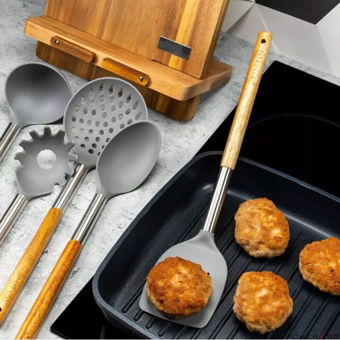 Ustensile de servire, 5 piese, lemn de salcam si otel, Kassel