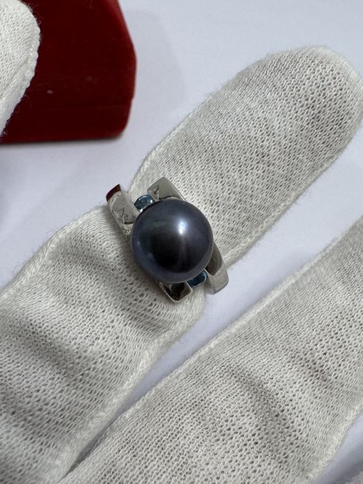 Inel argint 925 cu perla neagra si aquamarine.