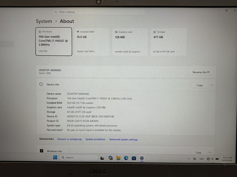 MDM vinde: Laptop Dell Vostro 3500, i7-1165G7 Gen 11.