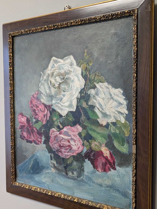 Pictura in ulei, natura statica cu flori, 45x39 cm, semnata si datata 1944