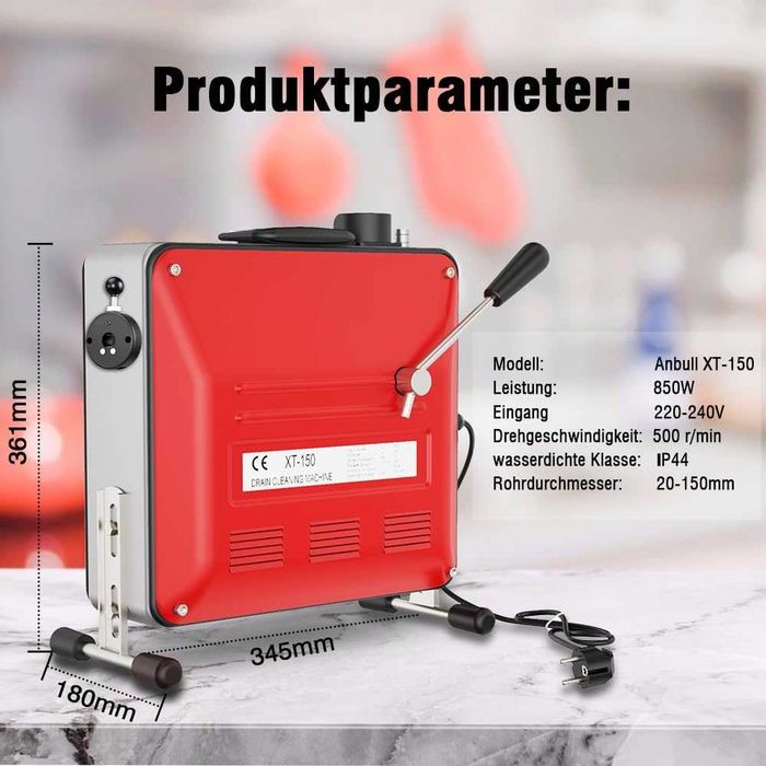 Mașină electrică Profesionala Anbull pentru desfundat țevi, 850 W, cu spirale de 14 m×22 mm, 14,5 m×16 mm și 5m ×10 mm