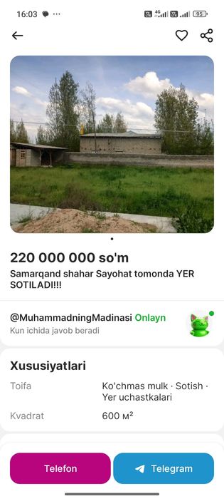 Srochno Yer Sotiladi 6 soʻtiq