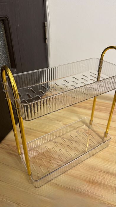Etajera baie eleganta din acril cu manere auriu