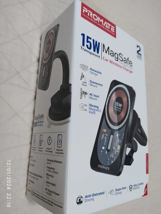 Продавам безжично зарядно за телефон за кола PROMATE 15W MagSafe