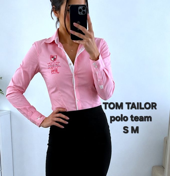 Tom Tailor Polo Team S M cămașă roz cu dungi slim fit office casual chic bumbac elastic