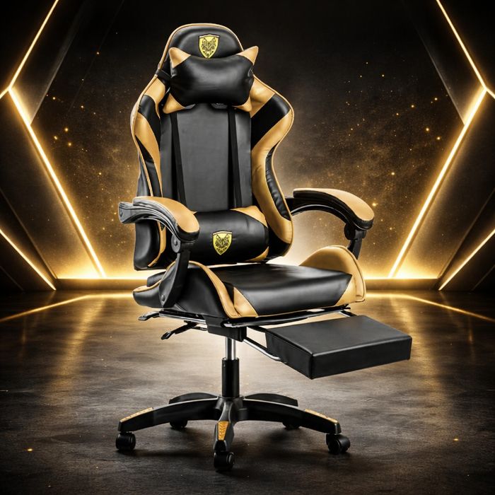 Черен геймърски стол с златисти акценти и разтегляема поставка за крак