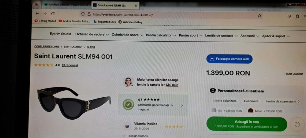 Ochelarii de soare pt Dama Saint Laurent made Italy Produs nou
