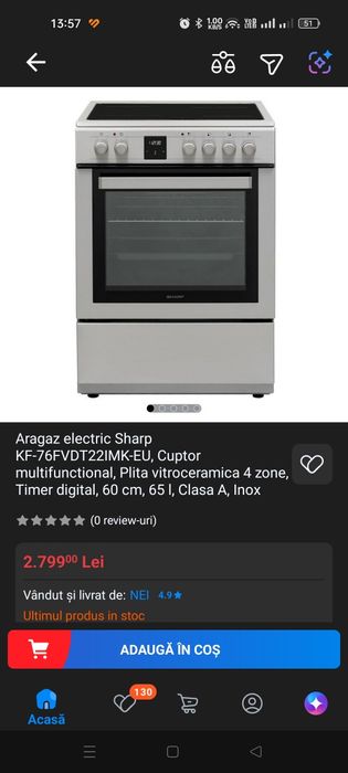 Aragaz electric Sharp KF-76FVDT22IMK-EU – 60 cm, Inox, Cuptor multifuncțional, Plită vitroceramică