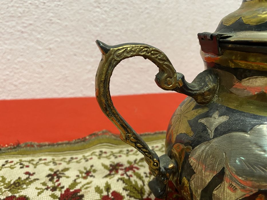 Месингов чайник Близък изток 1950 1970 ръчна украса птици