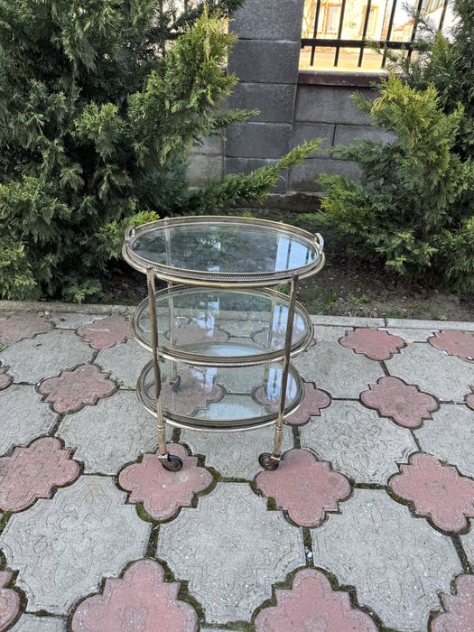 Carucior/masuta cu tavi detasabile - sticla si metal argintat