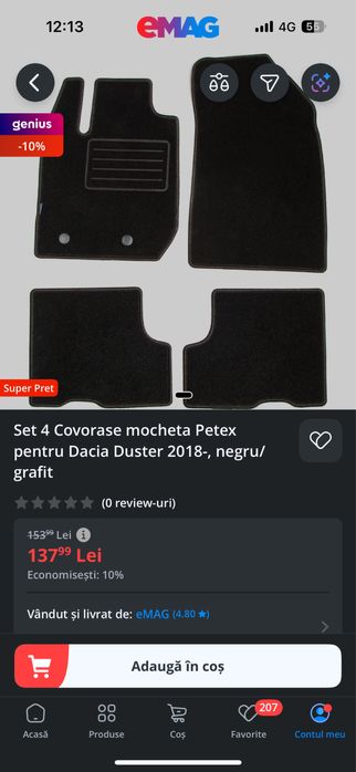 Covorase/Presuri mocheta Petex Dacia Duster 2018-, negru/grafit