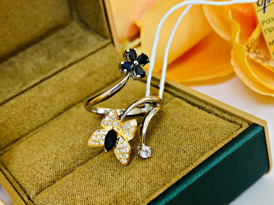 золотое кольцо с бриллиантами и натуральными камнями – Сапфир