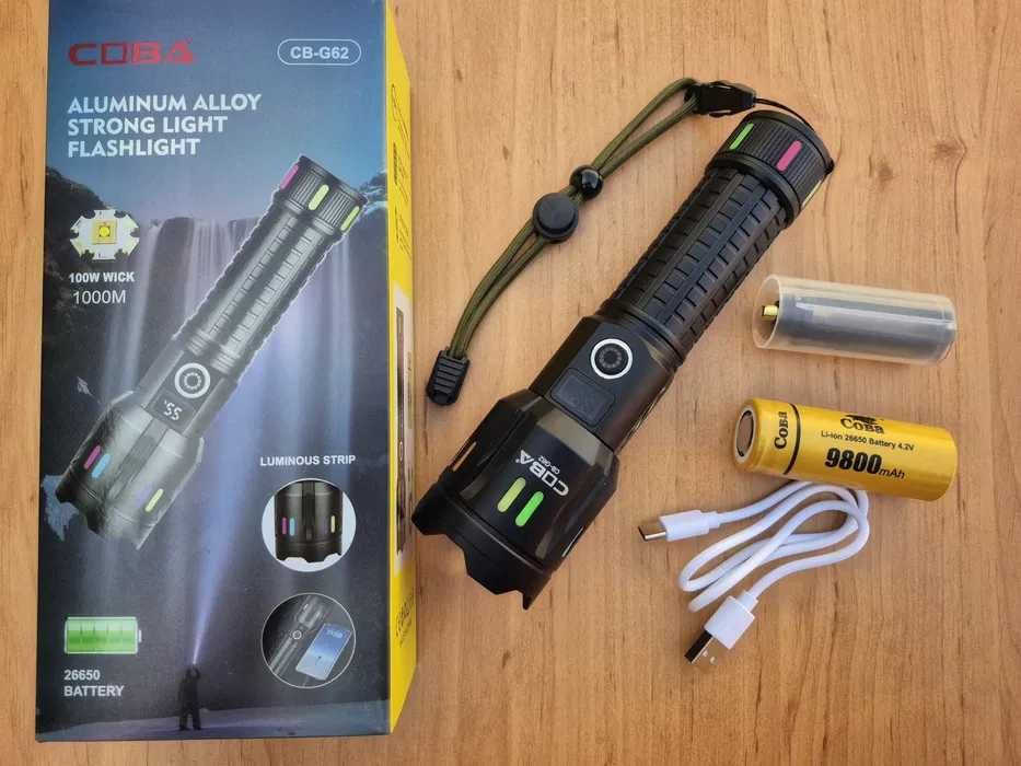 Мощен Алуминиев LED Фенер COBRA CB-G62 100W 1000m Осветяване, 9800mAh