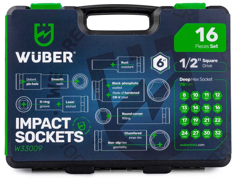 Set chei tubulare impact 1/2” Wuber, 16 piese