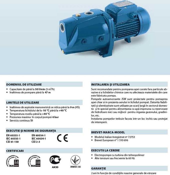 Pompă de suprafata Pedrollo JSWm 1AX, autoamorsanta, 550W