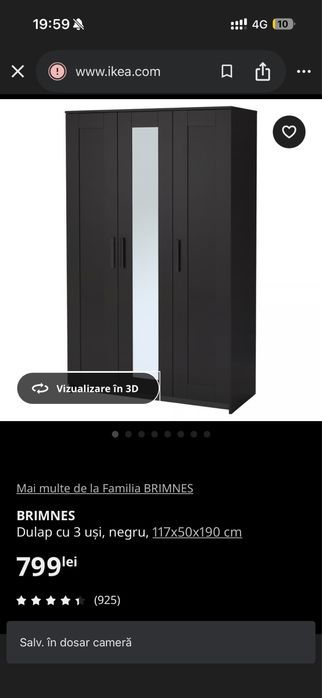 Dulap cu 3 uși, negru, 117x50x190 cm