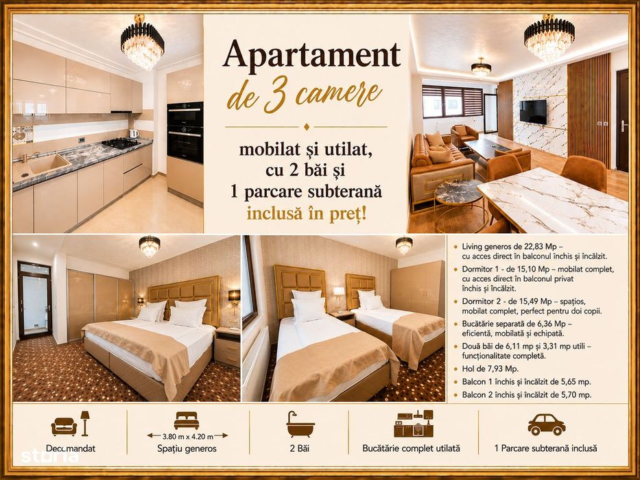 Direct proprietar 3 camere Mobilat Utilat 88 Mp cu 1 parcare subterană
