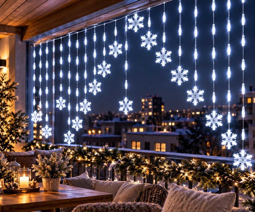 Коледни лампички LED ЗАВЕСА 3.5м х 1м  от красиви снежинки в снежно бяла светлина