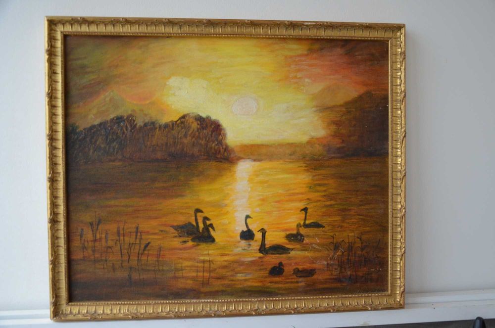 Tablou pictat ANGLIA anii 1960 / Pictutra pe panza / rama lemn aurie