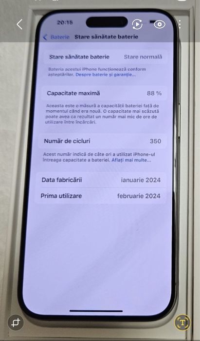 iPhone 15 PRO, 256 Gb, baterie 88%, Full Box, stare CA NOU