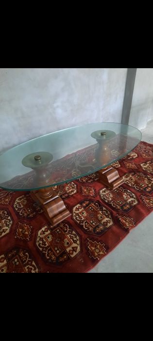 Măsuță cafea din lemn ,bronz si blat din cristal