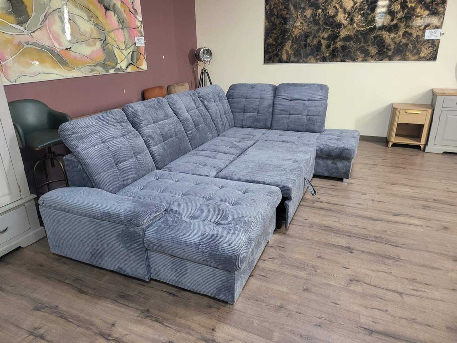 Сив П - образен ъглов диван от плат рипсено кадифе Nixon с функция сън