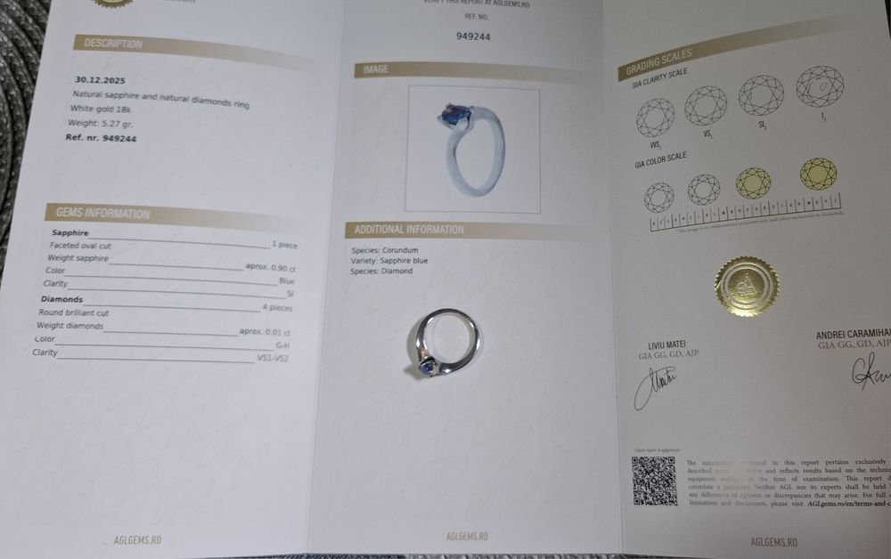 Inel aur alb  18 kt cu piatra sapphire