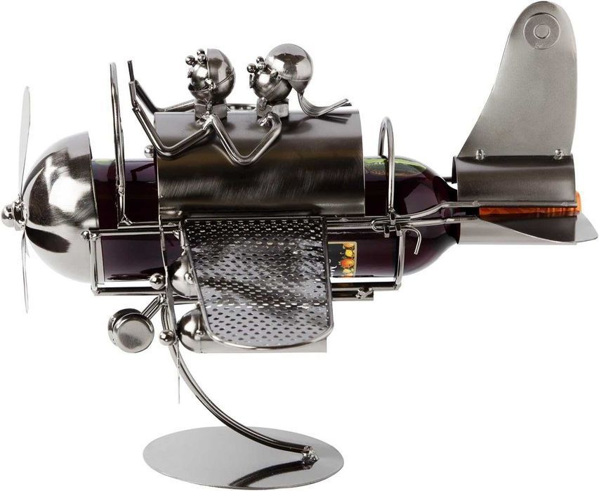 Suport vin decorativ, model cuplu in avion, argintiu