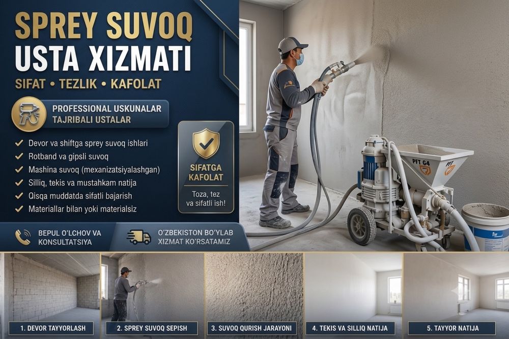 Sprey suvoq, gips suvoq, mashina suvoq, mexanizatsiyalashgan suvoq