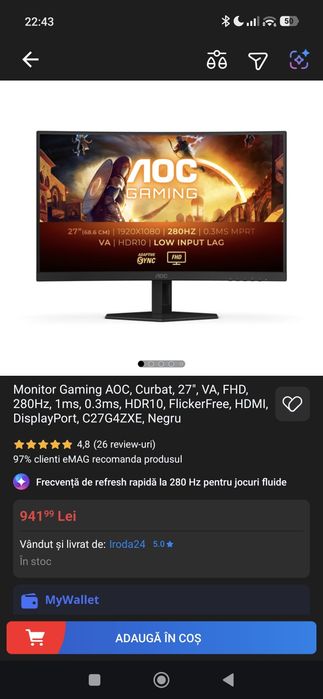Monitor Gaming AOC, Curbat, 27", VA, FHD, 280Hz, 0.3ms, HDR10, FlickerFree, HDMI, DisplayPort, C27G4ZXE