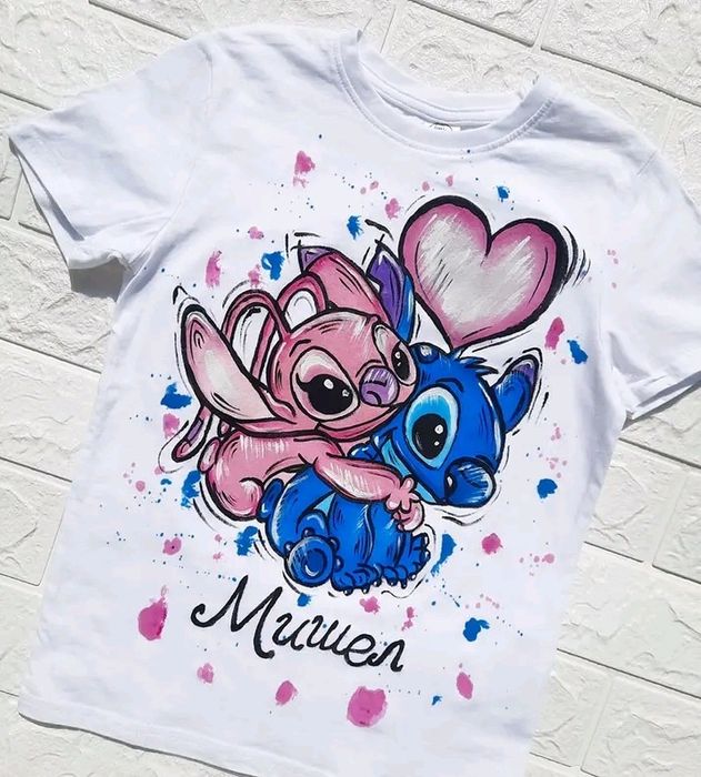 Ръчно рисувана тениска Стич, чаша stitch