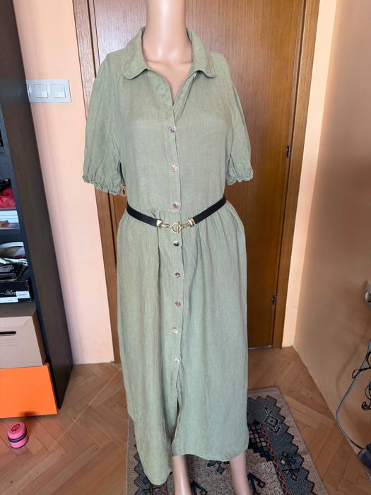 Ленена рокля в маслинено зелен цвят Zara, размер M/L