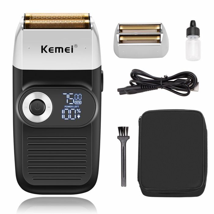 Aparat de ras electric Kemei, folie dublă, display LED, USB, accesorii incluse