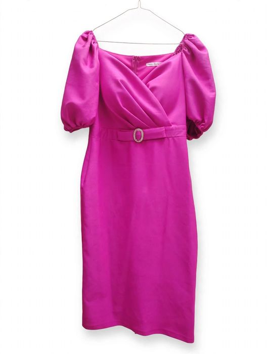 Rochie NOUA FERVENTE Marime 42 / L Fuchsia, Midi, Maneci Bufante cu Catarama Strass - de Ocazie