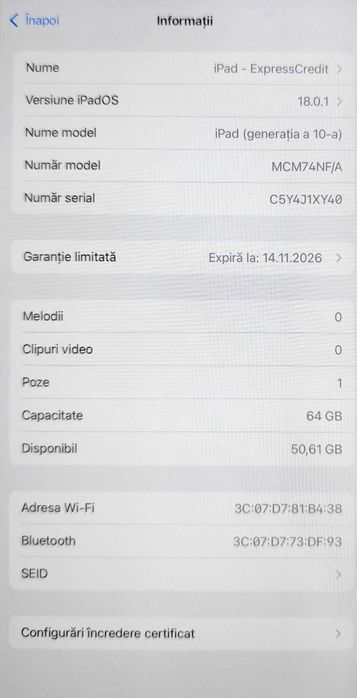 (AG 35 B 34658) Tableta Apple iPad gen10 - 1300 Lei Garantie2ani!