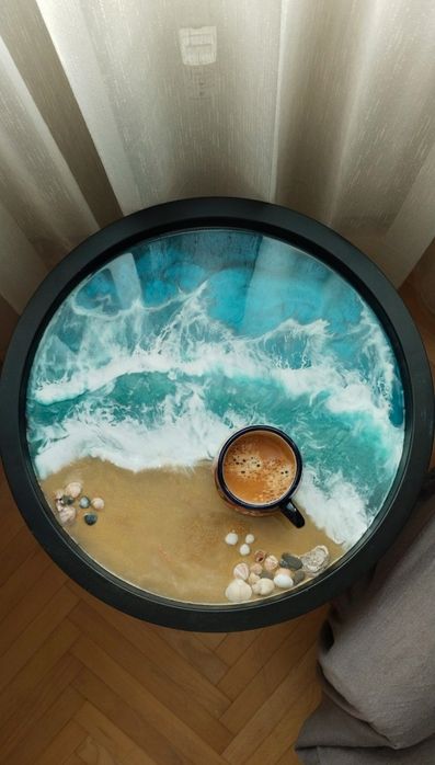 Кафе масичка от епоксидна смола с морски вълни